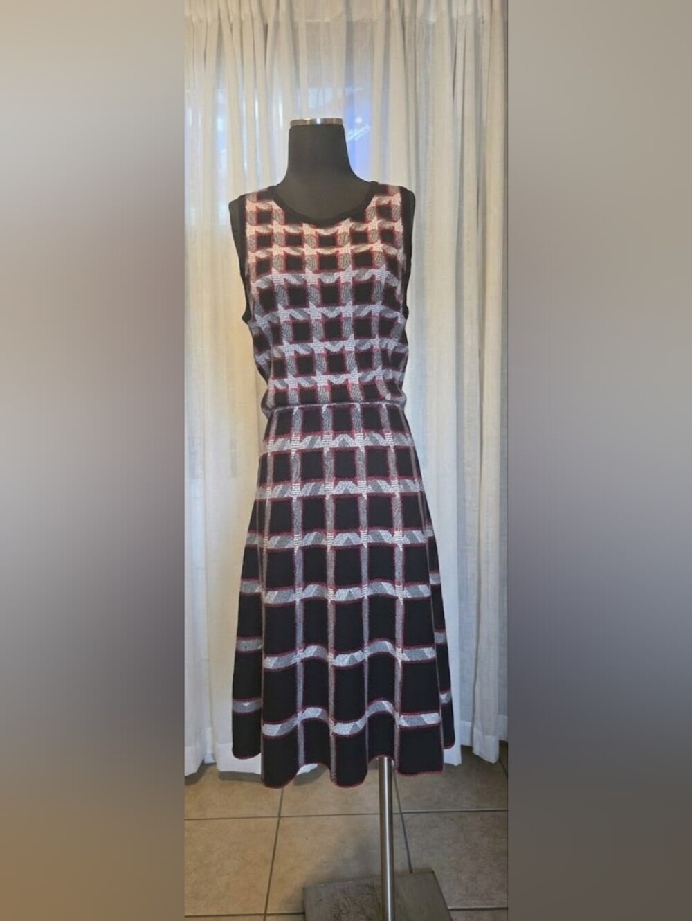 Etcetera Black Midi Dress with Pink and Cream Windowpane Pattern - Picture 3 of 5